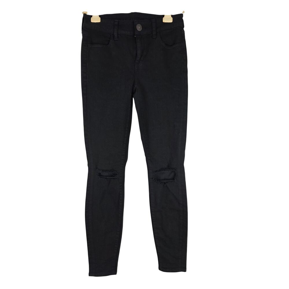 American Eagle‎ Jegging Jeans 0 Womens Black Mid Rise Skinny Leg Distressed